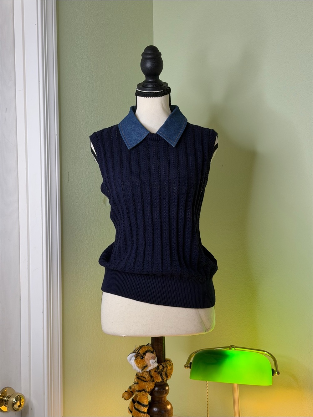 Steve Madden Navy Sleeveless Cable Knit Sweater with Denim Collar